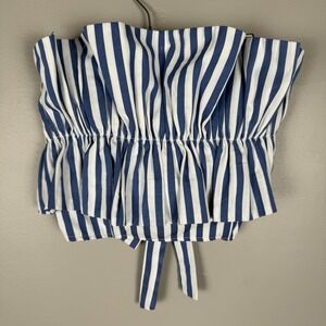 Judith March Striped Ruffle Tube Top Blue White Coastal Beach Cropped Tank Sz L‎